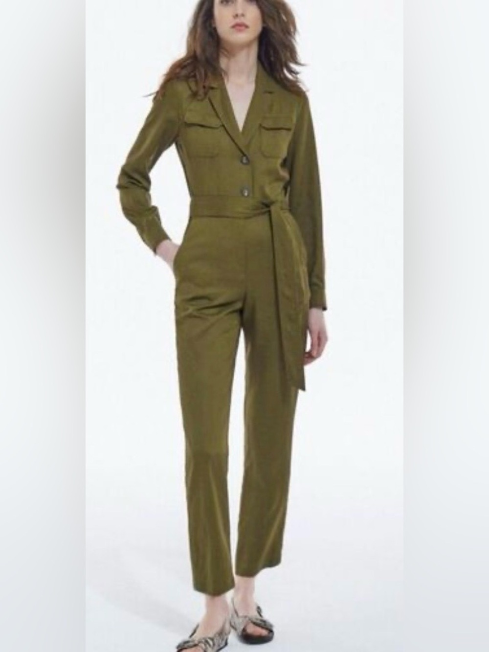 The Kooples Paris olive utility belted tie waist long sleeve jumpsuit US SZ S
